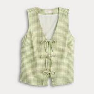 LC Lauren Conrad Linen Bow Light Green Checkered Vest Size Small